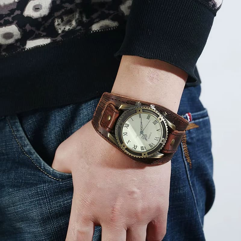 Montre vintage bracelet cuir homme, Quartz rétro avec cadran romain