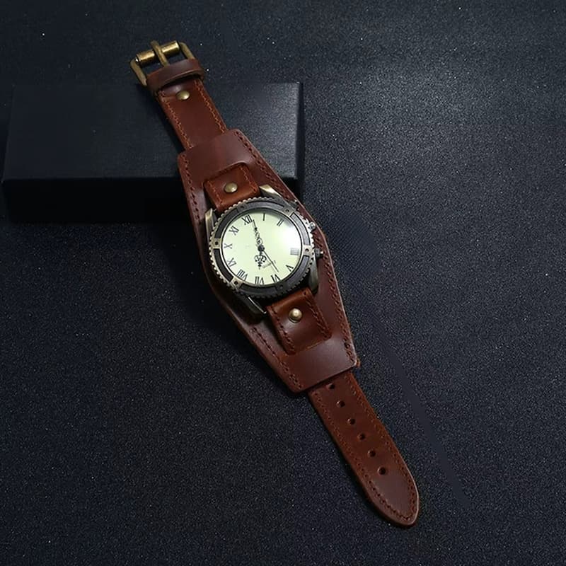 Montre vintage bracelet cuir homme, Quartz rétro avec cadran romain
