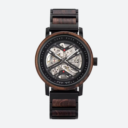 Montre Squelette Homme Acier et Bois, Mouvement Mécanique