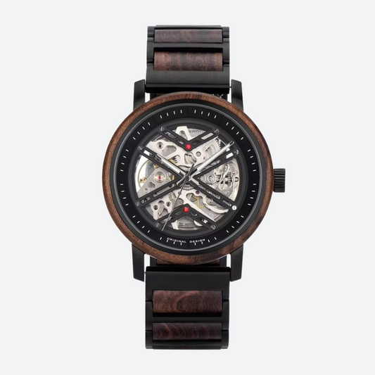 Montre Squelette Homme Acier et Bois, Mouvement Mécanique