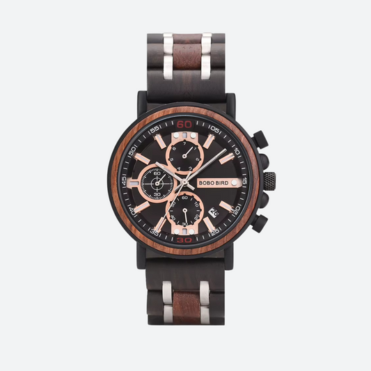 Montre Homme Chronographe en Bois et Acier, Mouvement Quartz Multifonction