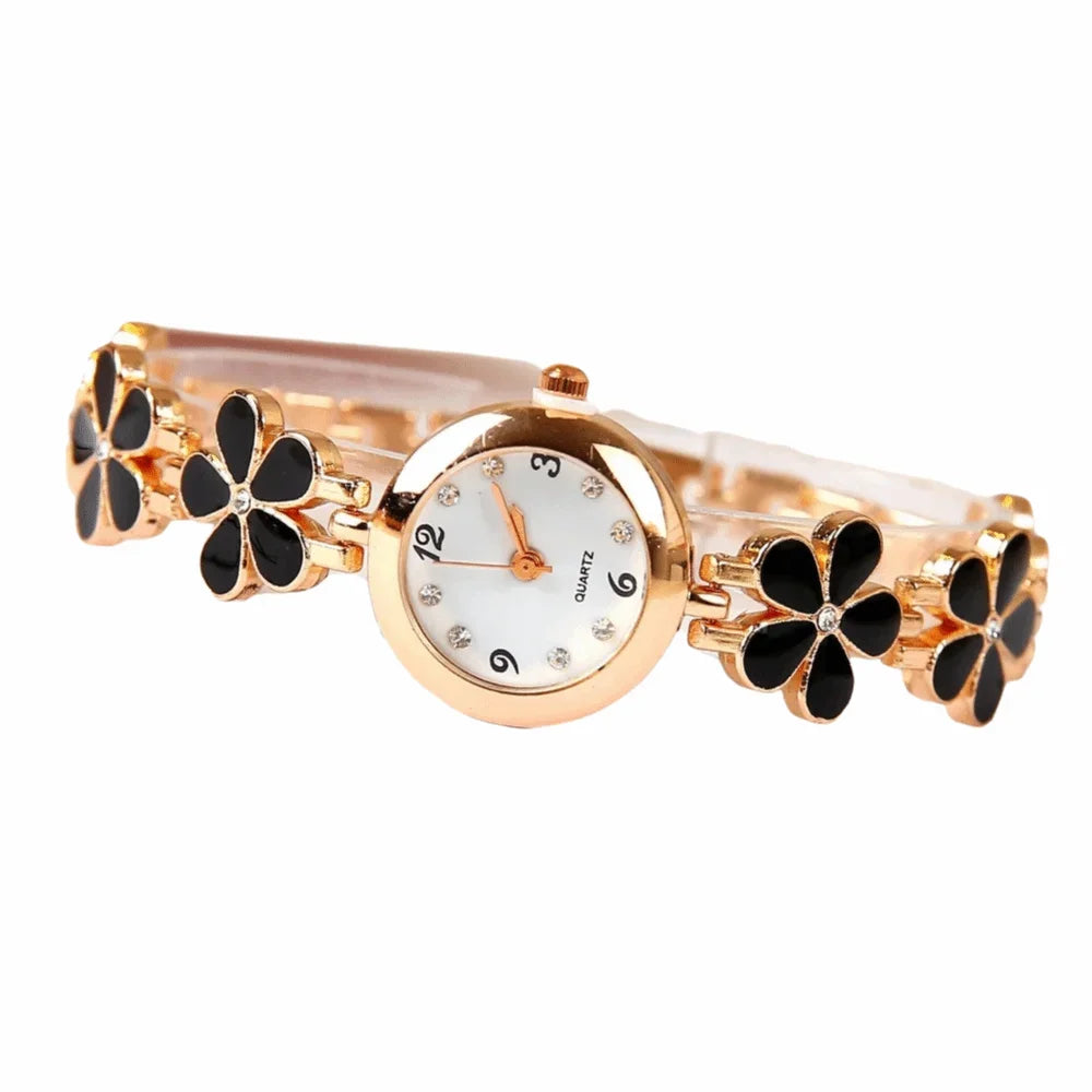 Montre Bracelet Fleur Femme à Cadran Rond et Finition Dorée