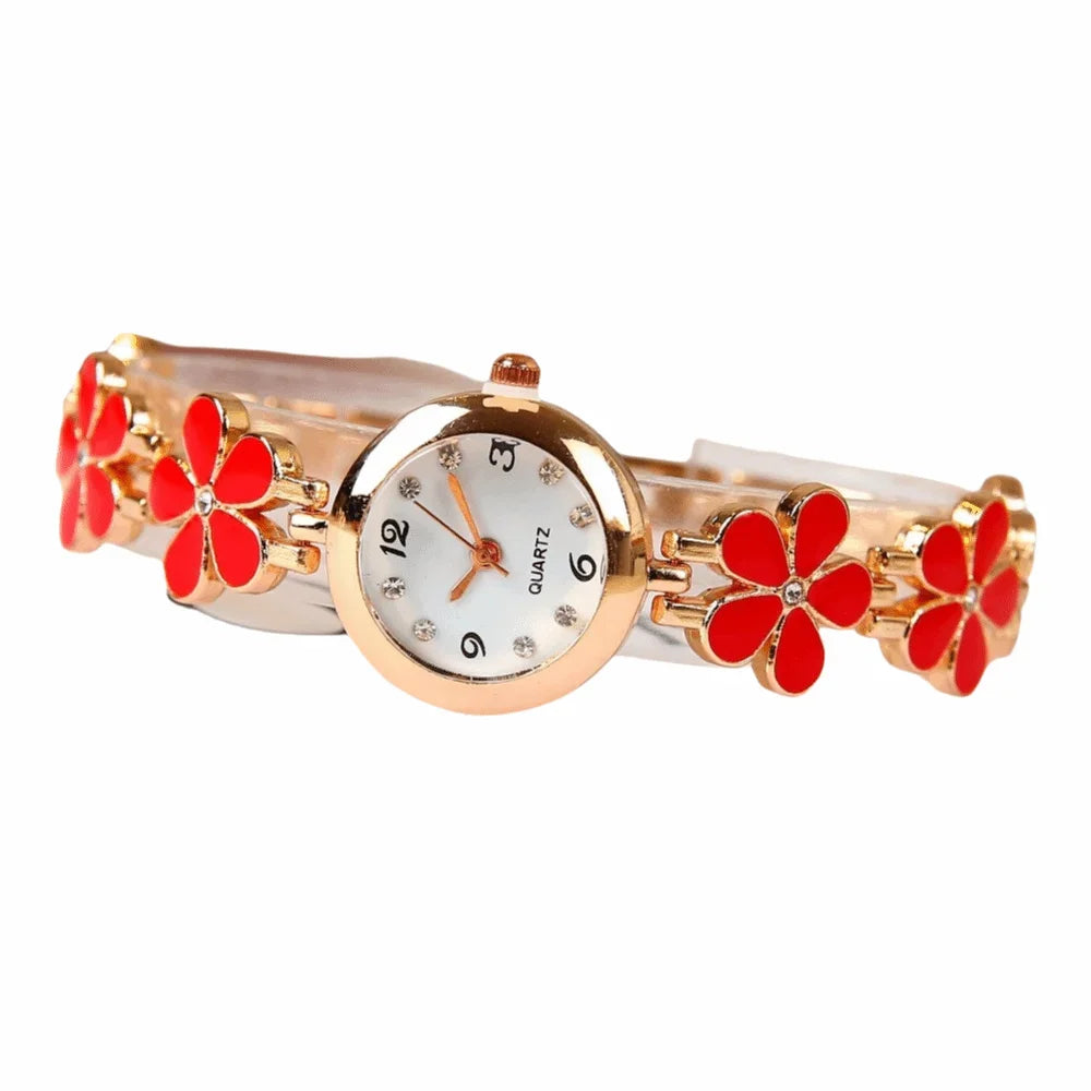 Montre Bracelet Fleur Femme à Cadran Rond et Finition Dorée