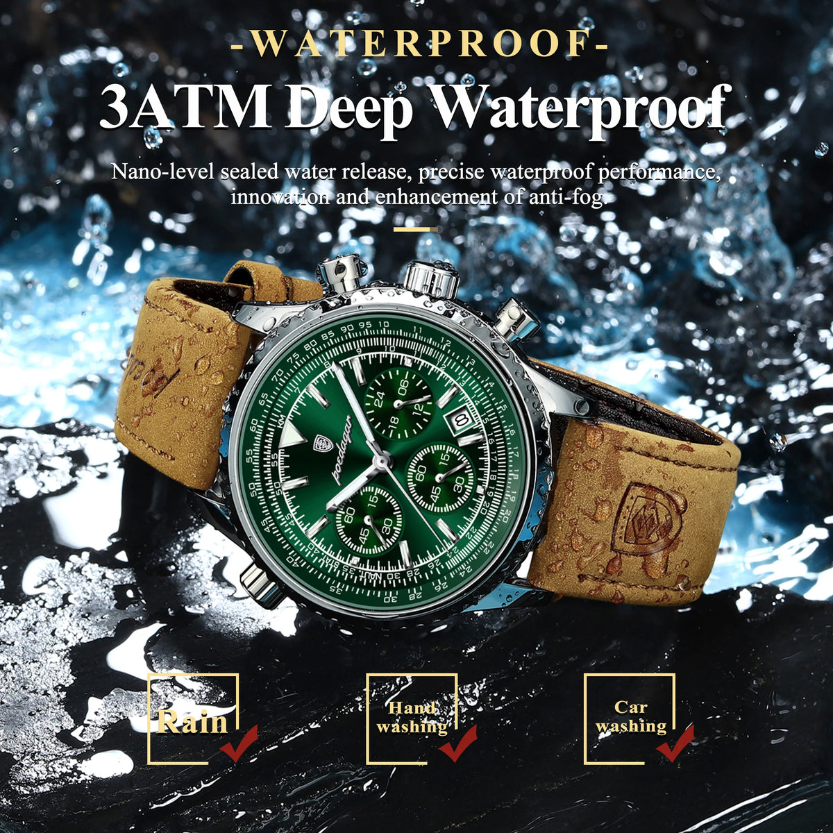 Montre Chronographe Homme Bracelet Cuir Cadran Vert