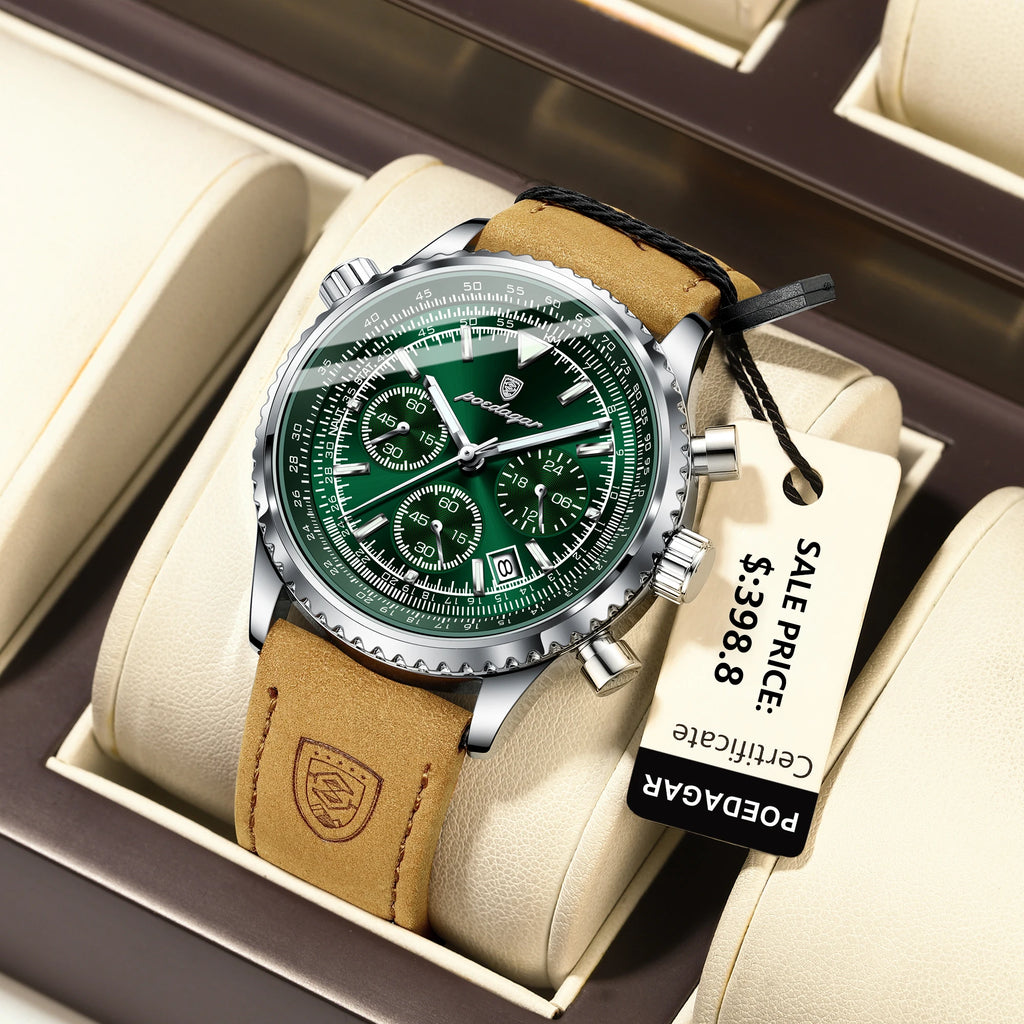 Montre Chronographe Homme Bracelet Cuir Cadran Vert