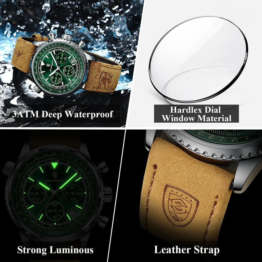 Montre Chronographe Homme Bracelet Cuir Cadran Vert