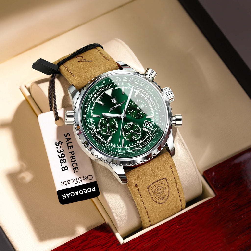 Montre Chronographe Homme Bracelet Cuir Cadran Vert
