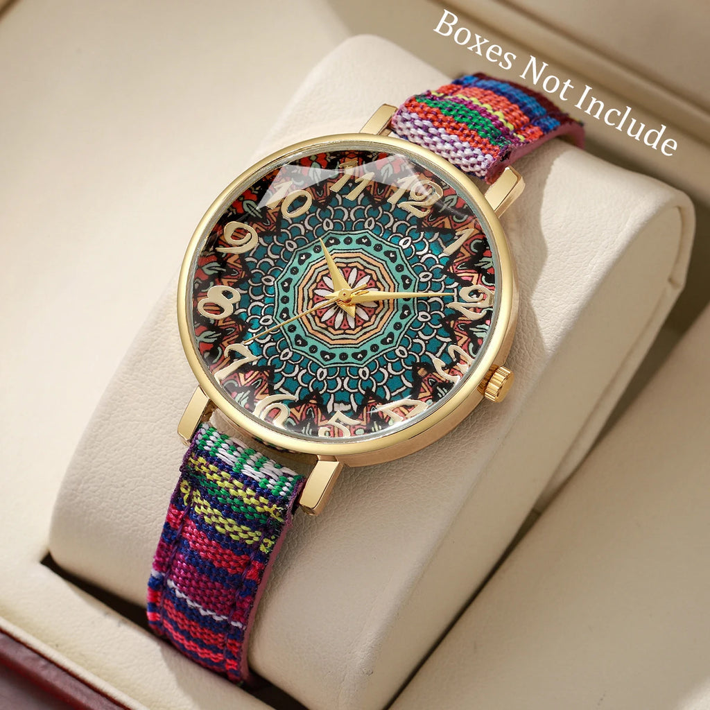 Montre Bohème Femme, Cadran Mandala, Bracelet Tissé