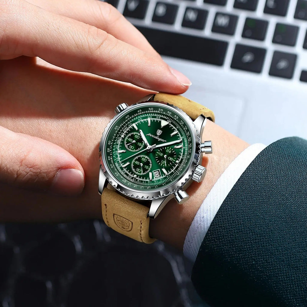 Montre Chronographe Homme Bracelet Cuir Cadran Vert