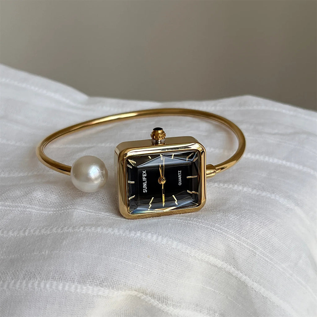 Montre Bracelet Jonc Perle Femme Cadran Rectangulaire