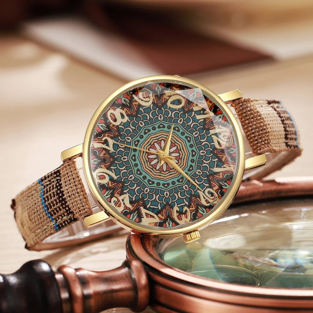 Montre Bohème Femme, Cadran Mandala, Bracelet Tissé