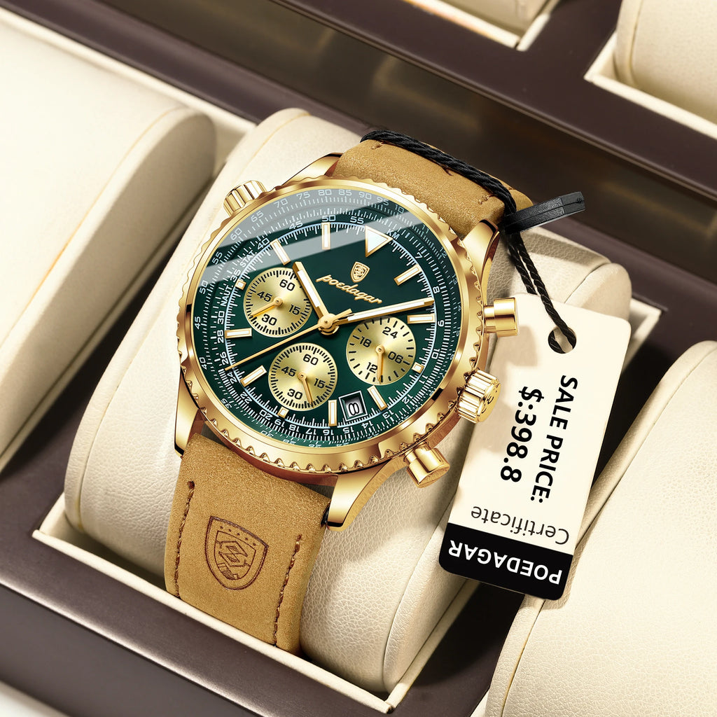 Montre Chronographe Homme Bracelet Cuir Cadran Vert