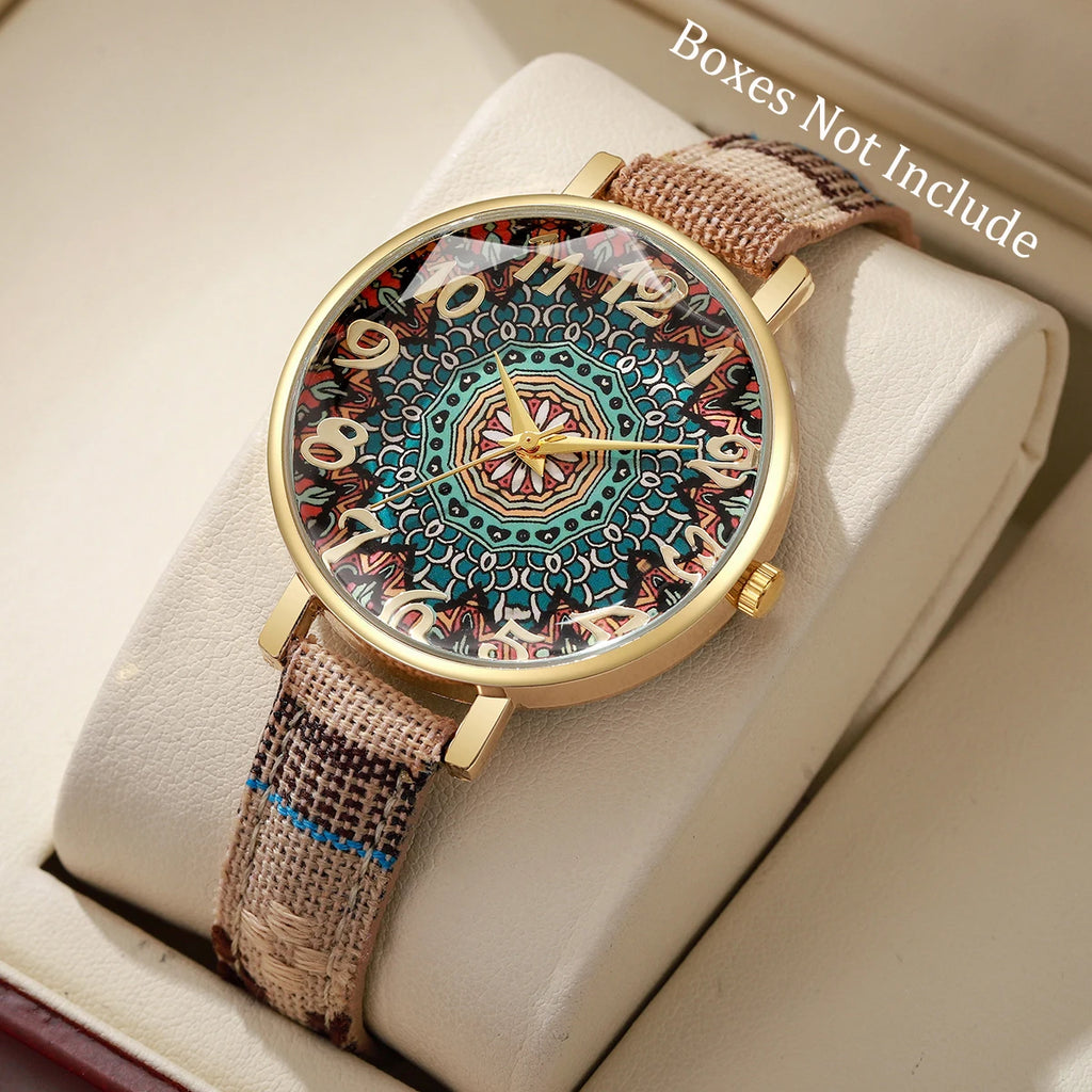 Montre Bohème Femme, Cadran Mandala, Bracelet Tissé