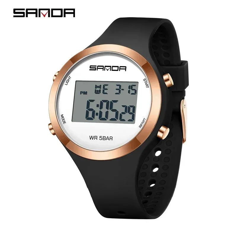Montre sport digitale femme, bracelet silicone noir