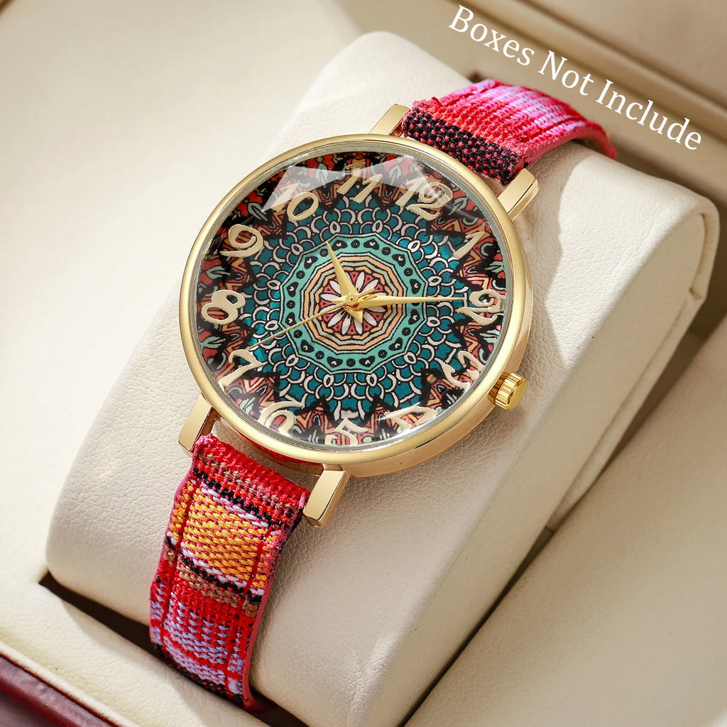 Montre Bohème Femme, Cadran Mandala, Bracelet Tissé