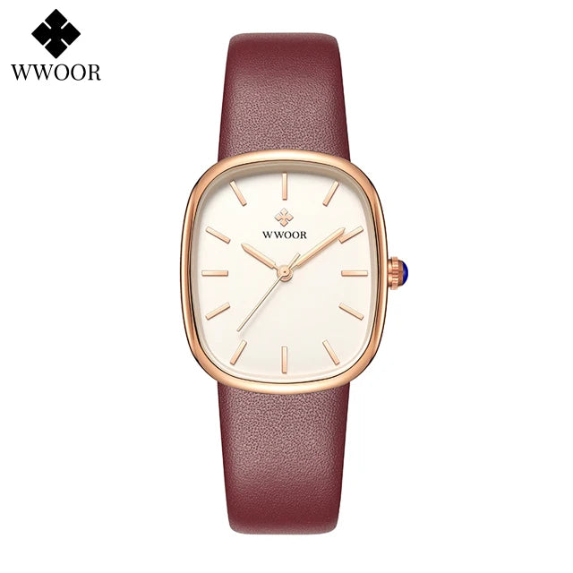 Montre femme cuir cadran ovale blanc et or rose, bracelet bordeaux