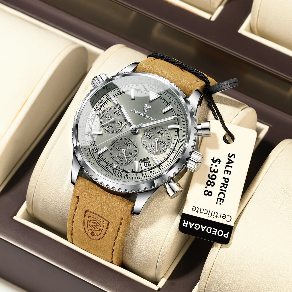 Montre Chronographe Homme Bracelet Cuir Cadran Vert