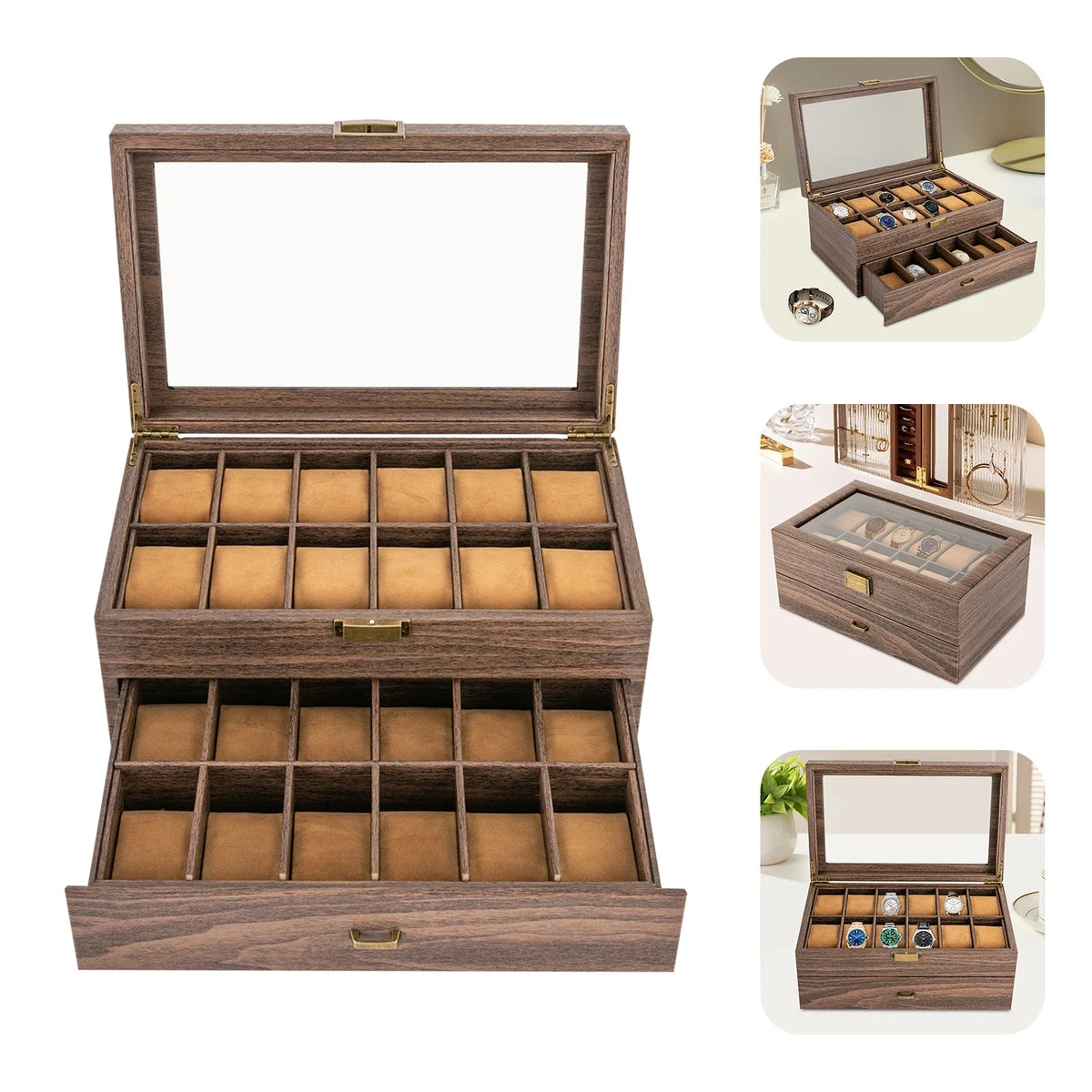 Boite à montres 24 emplacements en bois premium