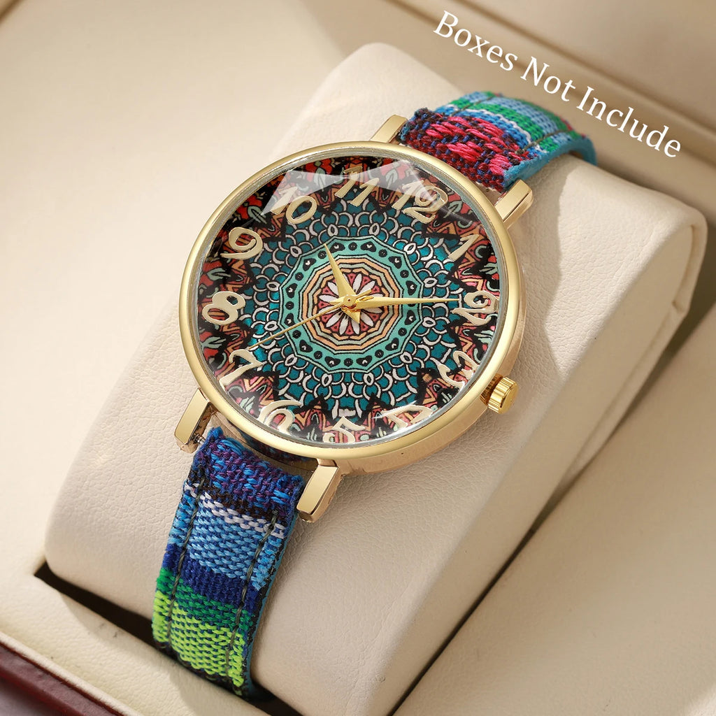 Montre Bohème Femme, Cadran Mandala, Bracelet Tissé
