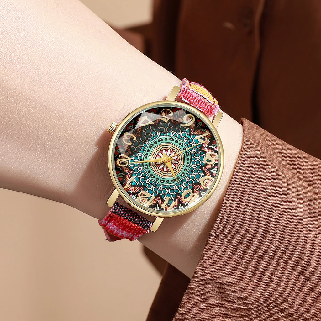 Montre Bohème Femme, Cadran Mandala, Bracelet Tissé
