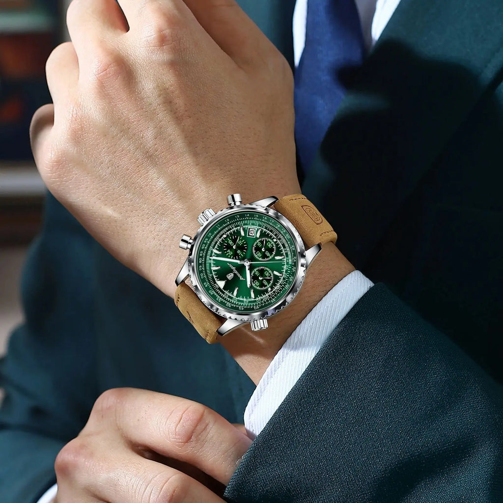 Montre Chronographe Homme Bracelet Cuir Cadran Vert