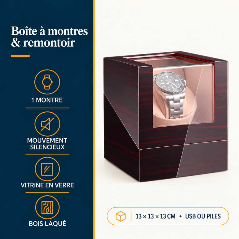 Boîte à montres en bois et remontoir automatique : présentation principale