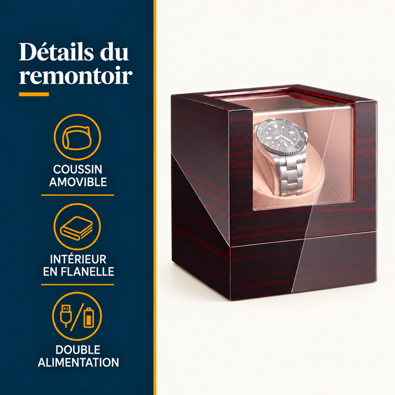 Boîte à montres en bois et remontoir automatique : détails techniques