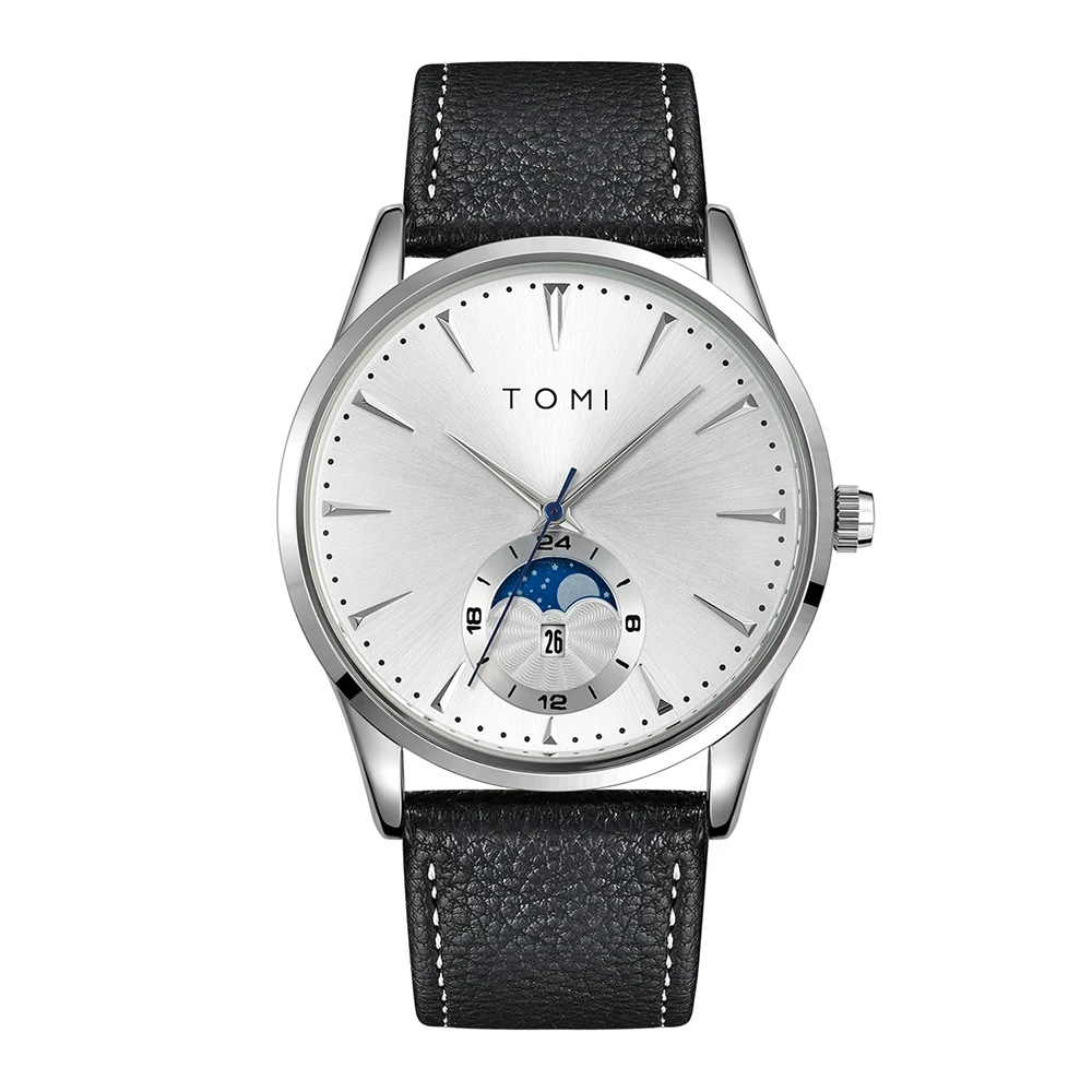 Montre automatique femme cadran argenté et bracelet cuir noir