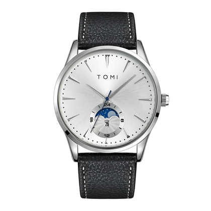 Montre automatique femme cadran argenté et bracelet cuir noir
