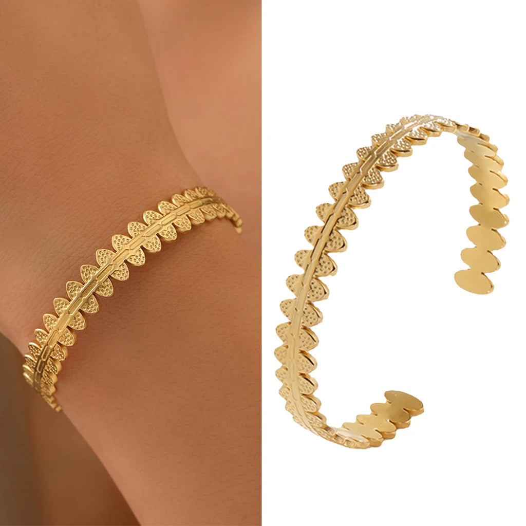 Bracelet Jonc Feuille Doré Motif Nature Ajustable