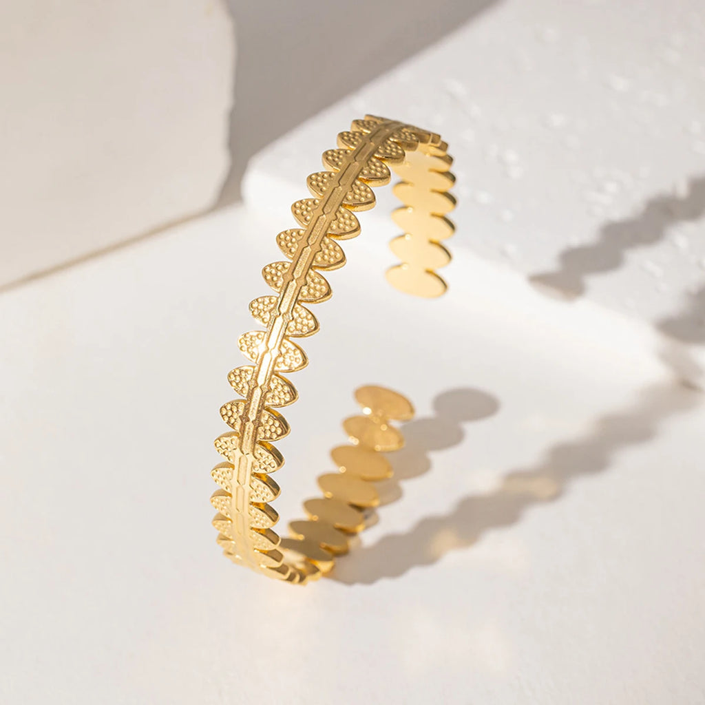 Bracelet Jonc Feuille Doré Motif Nature Ajustable