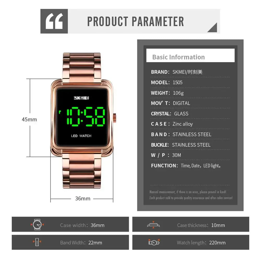 Montre digitale LED carrée bracelet métal doré