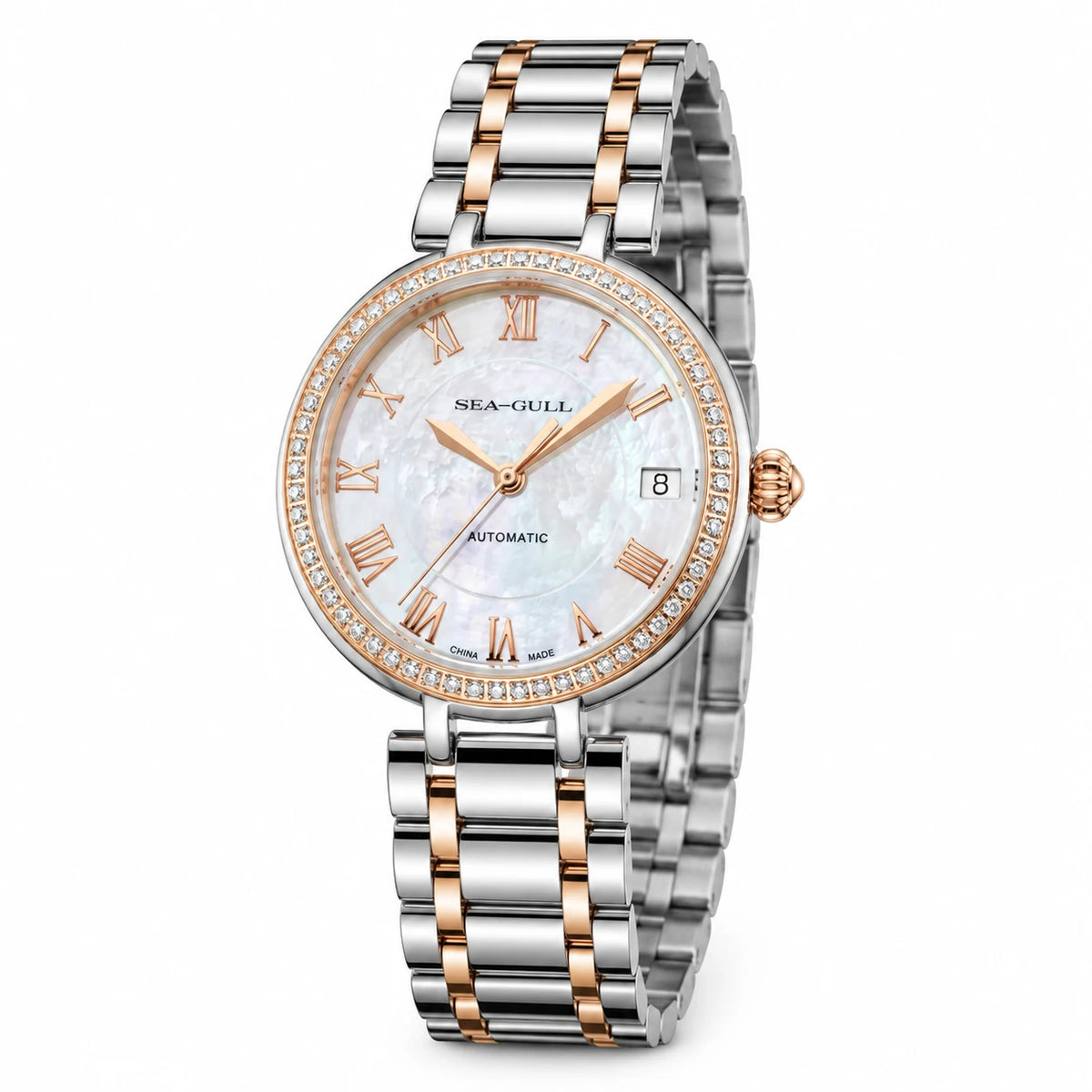 Montre Automatique Femme 32mm Nacre et Zircons Bicolore - Fond blanc, autre angle