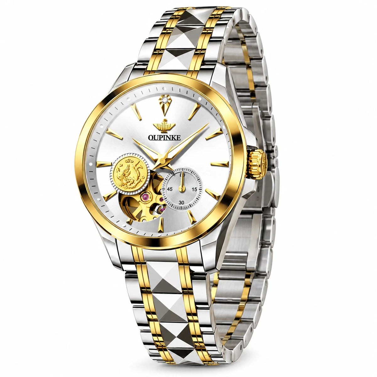 Montre Automatique Femme Bicolore Cadran Squelette 33 mm - Fond blanc, autre angle