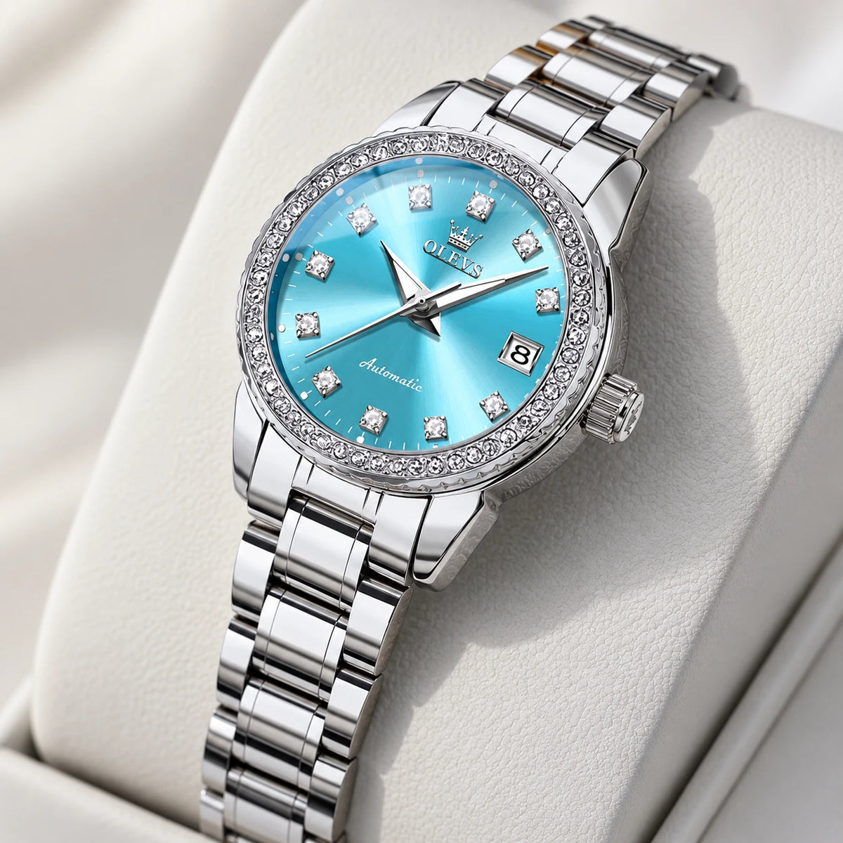 Montre Automatique Femme Cadran Bleu et Lunette Ornée - Détail matière