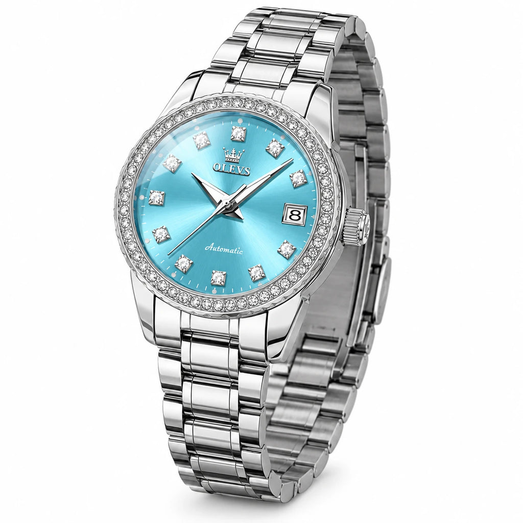 Montre Automatique Femme Cadran Bleu et Lunette Ornée - Fond blanc, autre angle