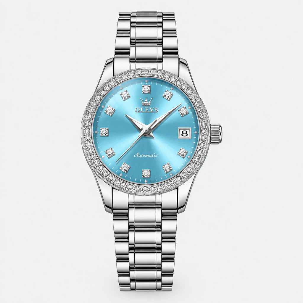 Montre Automatique Femme Cadran Bleu et Lunette Ornée - Fond gris clair