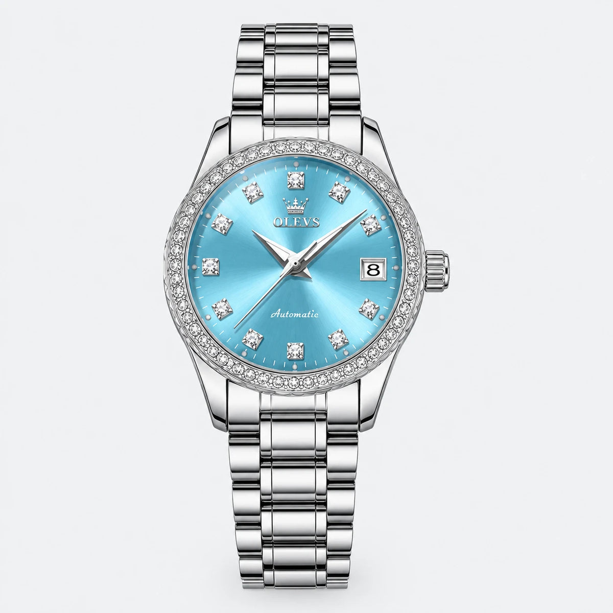 Montre Automatique Femme Cadran Bleu et Lunette Ornée - Fond gris clair