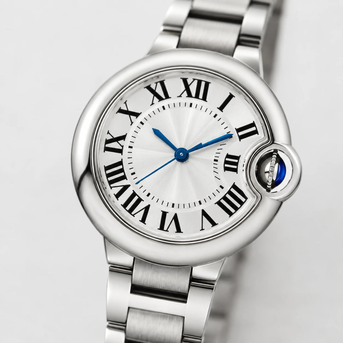 Montre Automatique Femme Cadran Romain Boîtier Ballon Argenté - Détail matière
