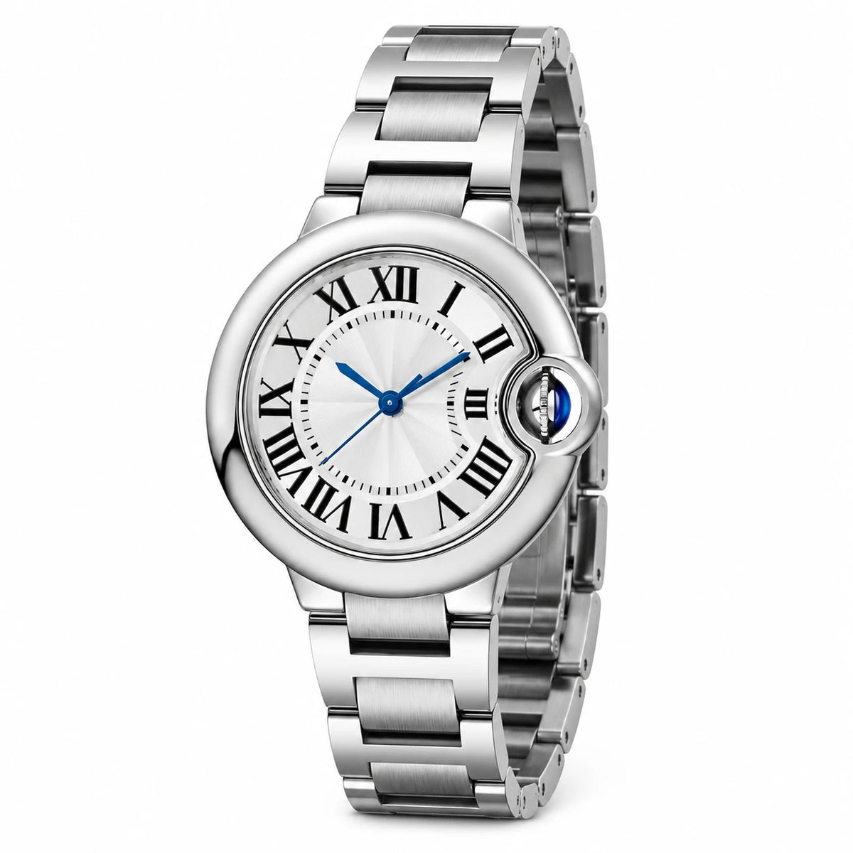 Montre Automatique Femme Cadran Romain Boîtier Ballon Argenté - Fond blanc, autre angle