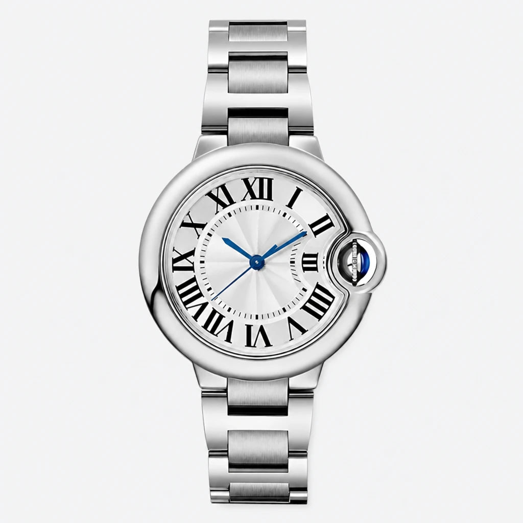Montre Automatique Femme Cadran Romain Boîtier Ballon Argenté - Fond gris clair