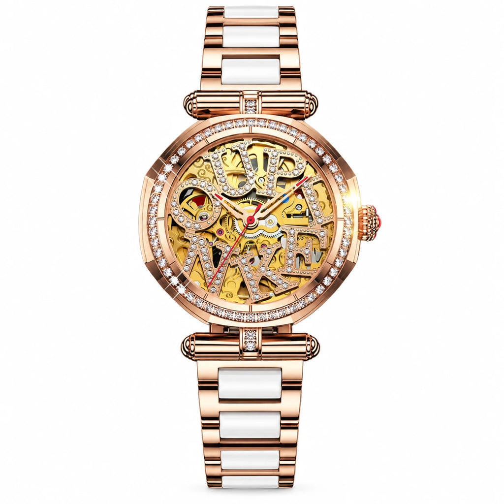 Montre automatique femme squelette or rose sertie - Blanc
