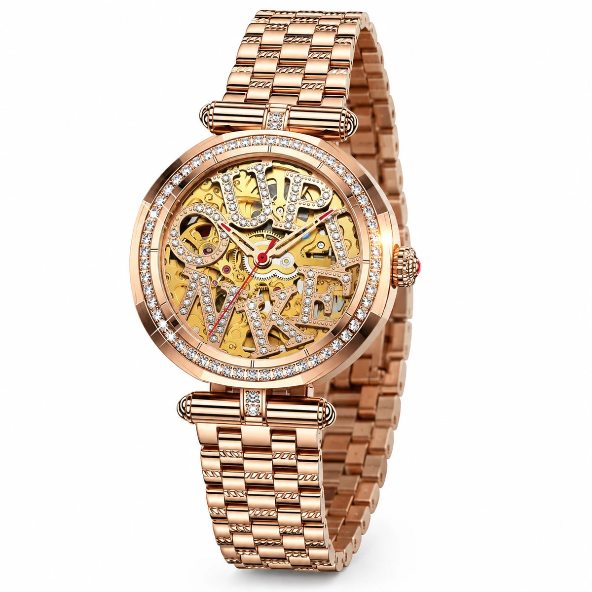Montre automatique femme squelette or rose sertie - Fond blanc, autre angle
