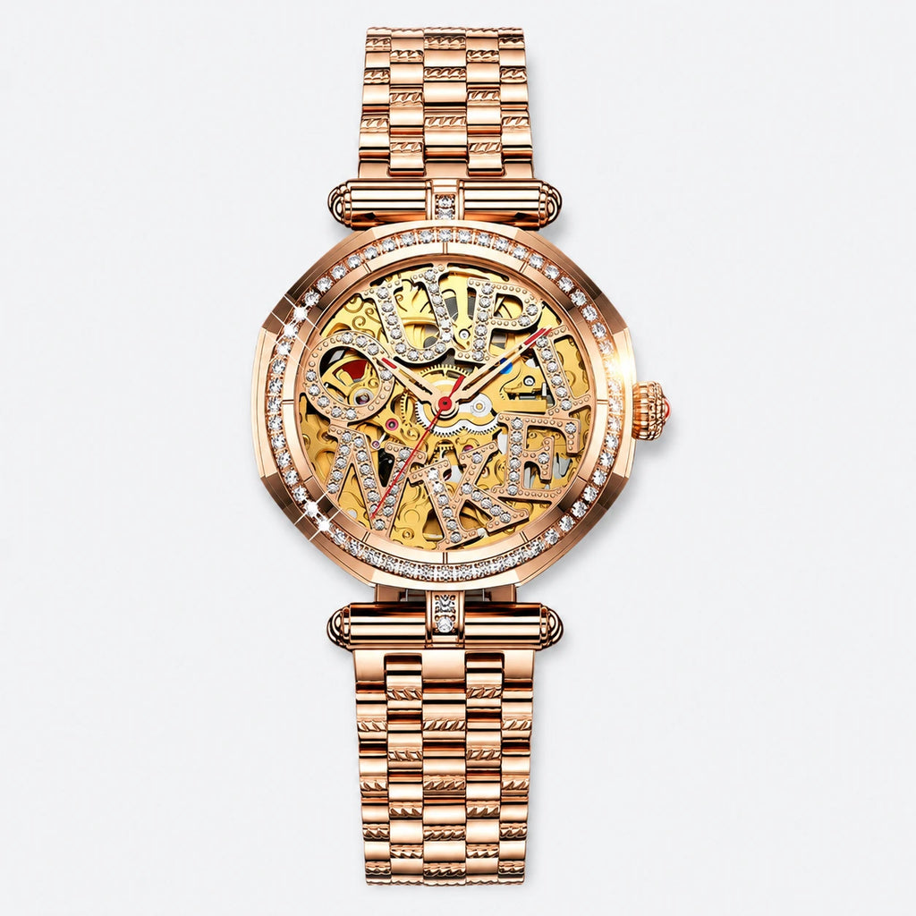 Montre automatique femme squelette or rose sertie - Fond gris clair