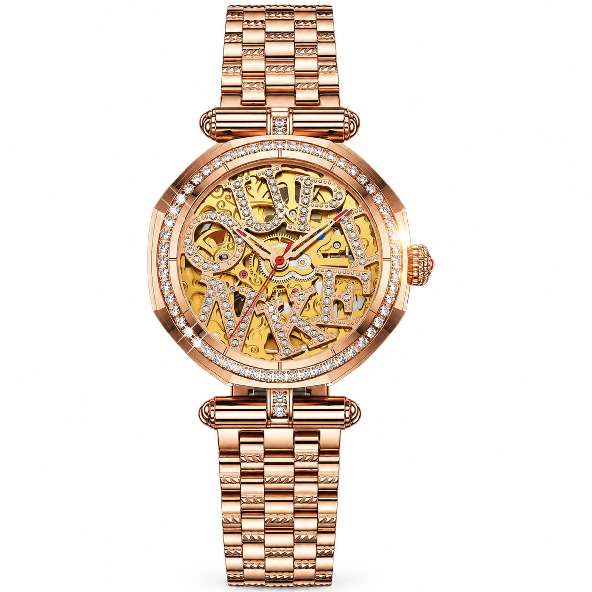 Montre automatique femme squelette or rose sertie - Or rose