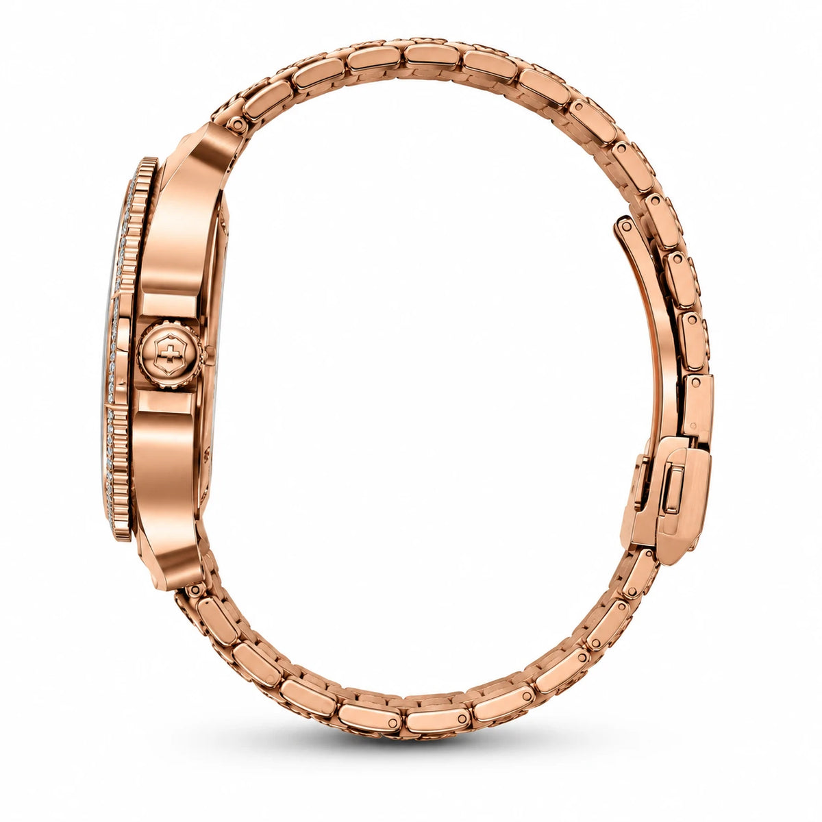 Montre automatique femme squelette or rose sertie - Photo côté