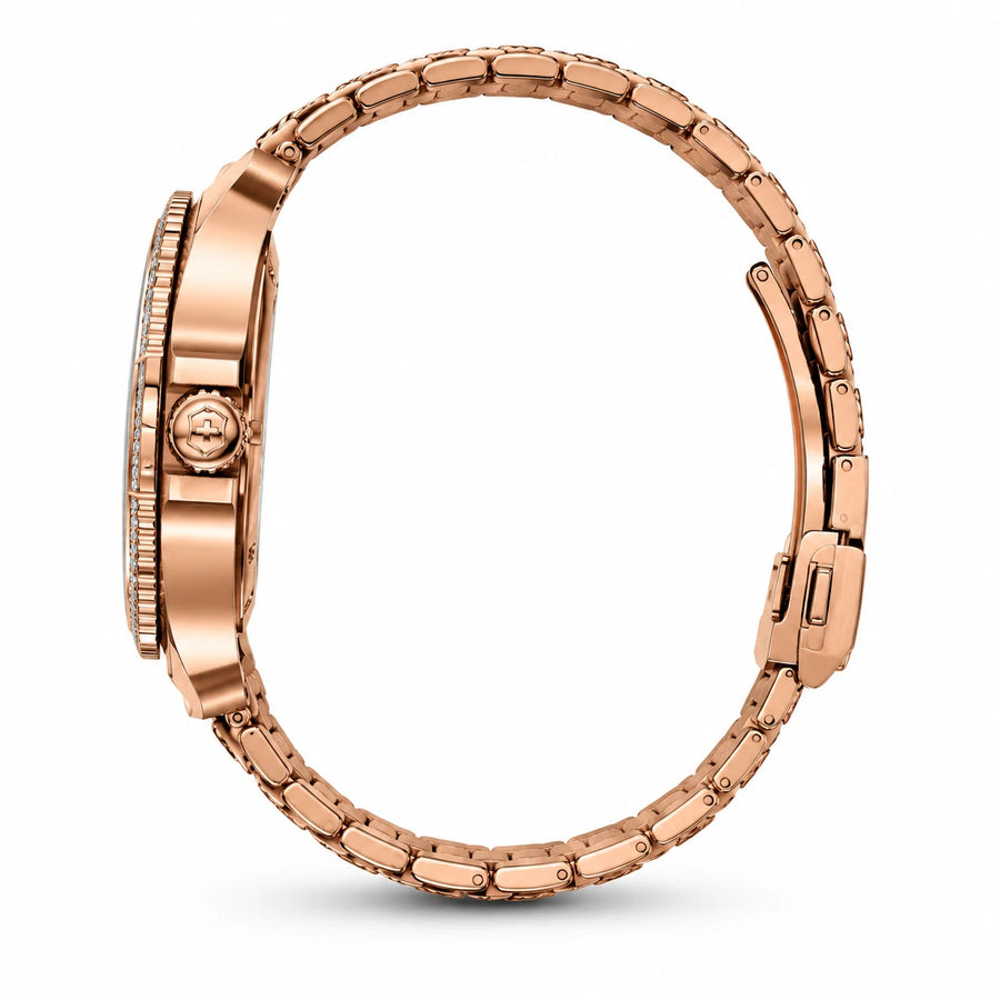 Montre automatique femme squelette or rose sertie - Photo côté