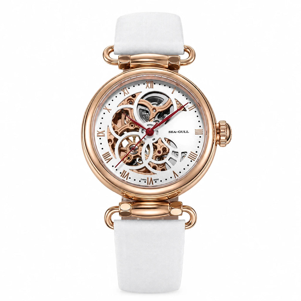 Montre Automatique Squelette Femme à Mécanisme Apparent - Blanc