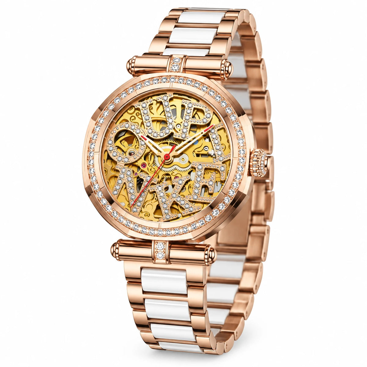 Montre automatique squelette femme céramique et acier - Fond blanc, autre angle