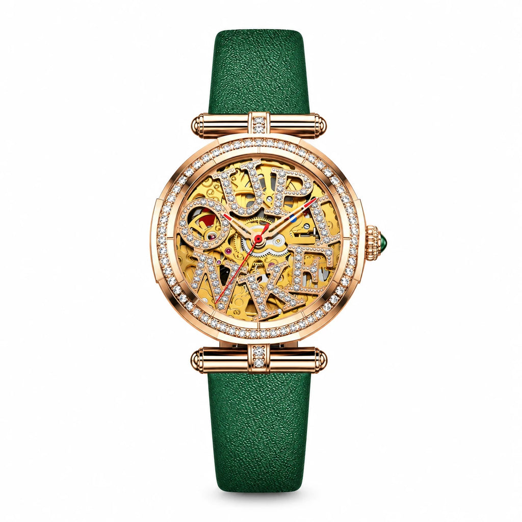 Montre automatique squelette femme céramique et acier - Green Leather Strap